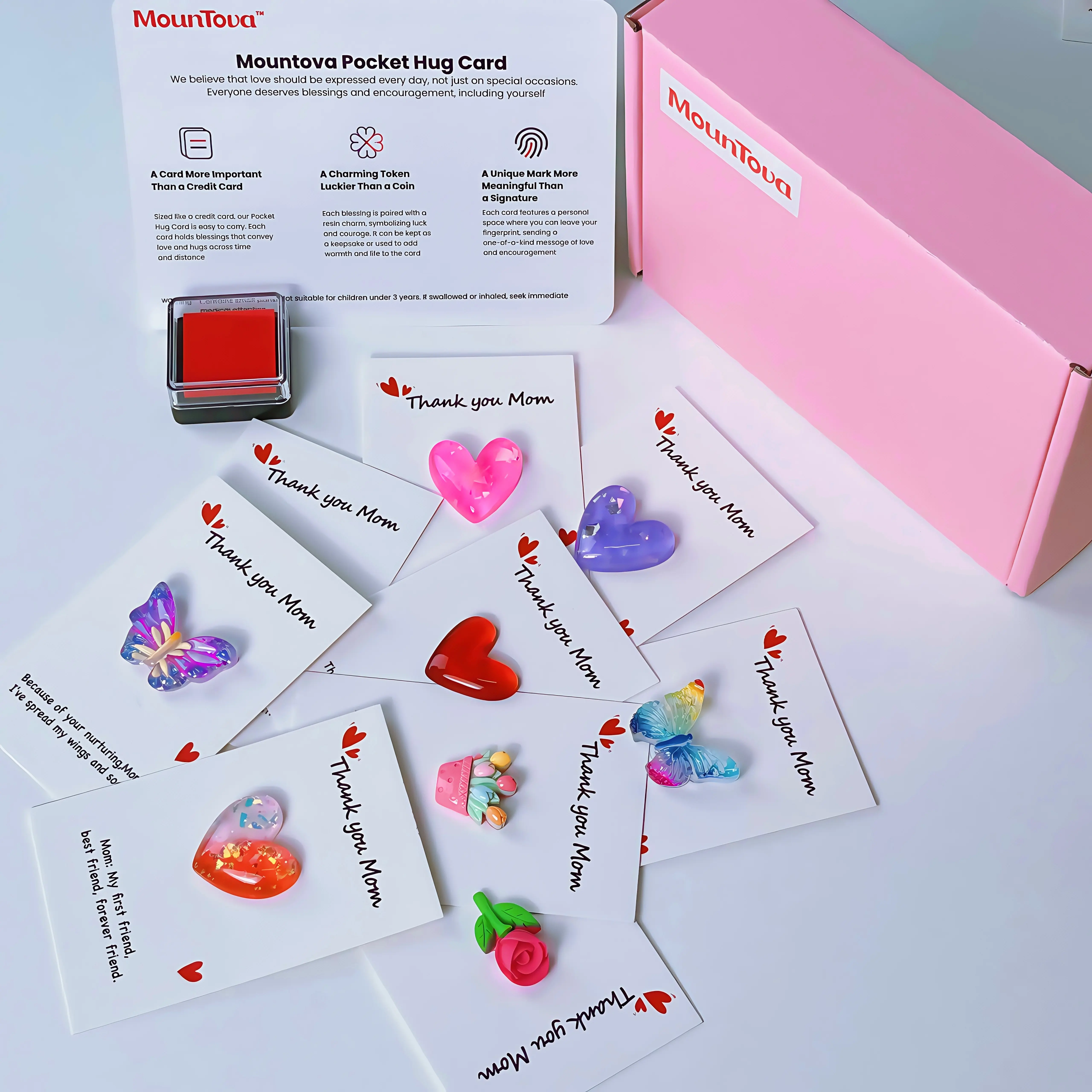 DIY Pocket Hug Card Set with Fingerprint Stamp Pad - 10 Pcs Resin Keepsake Tokens, Gift Box Included, Emotional Support Cards, Resin Items for Mom (Mothers Day, Birthday Gifting), Flowers
