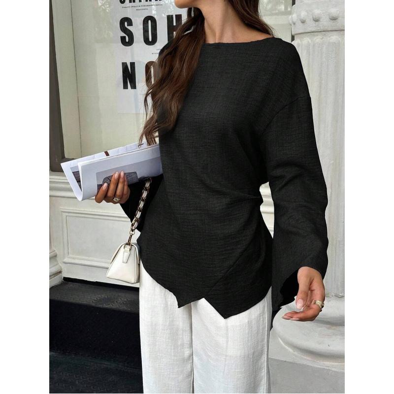 Women's Black Solid Color Pleated Asymmetric Hem Long Sleeve Elegant Blouse Fabric Fit Casual Top Woven Polyester Shirt