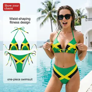Women triangle bathing suit trinity triangle bathing suit Color Block Bikini Set Green Yellow Black Cross Print Halter Triangle Tie Top Side String Cheeky Bottoms Reggae Caribbean 2 Piece Bathing Suit for Beach Pool Summer Island Vacation Party