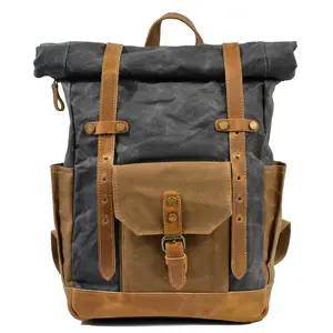 Vintage Color-Block Oil-Wax Waterproof Canvas Travel Backpack Laptop Bookbag Large Capacity Outdoor Women's Backpack Men's Bag