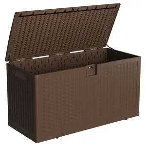 73 Gallon Waterproof Outdoor Deck Storage Box, Resin Construction with Lockable Lid – Perfect for Patio Furniture, Garden Tools, Pool Supplies, Bench Seating and Package Delivery, Brown