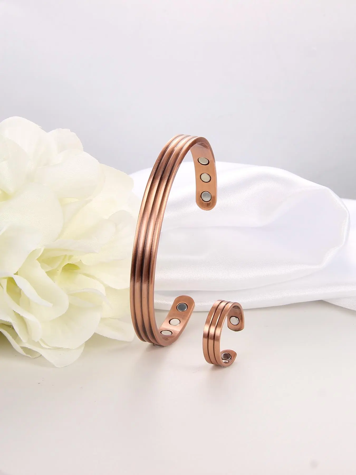 Copper Magnetic Open Bangle Bracelet & Ring Set Bracelet & Open Ring, Fashion Accessories for Men & Women Elegant Minimalist Bangle Metal Bracelet Copper Jewelry Set