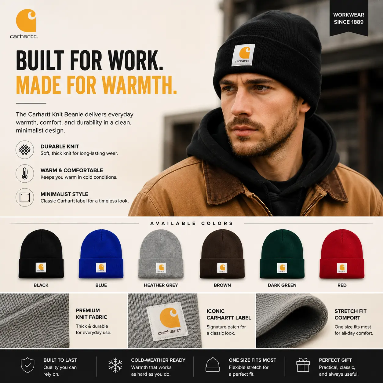 Carhartt Warm Knit Watch Hat Beanie for Men Women Acrylic Stretch Winter Cap Cuffed Skull Beanie Outdoor Workwear Casual Fashion Streetwear Cold Weather Comfortable Everyday Wear Adult One Size