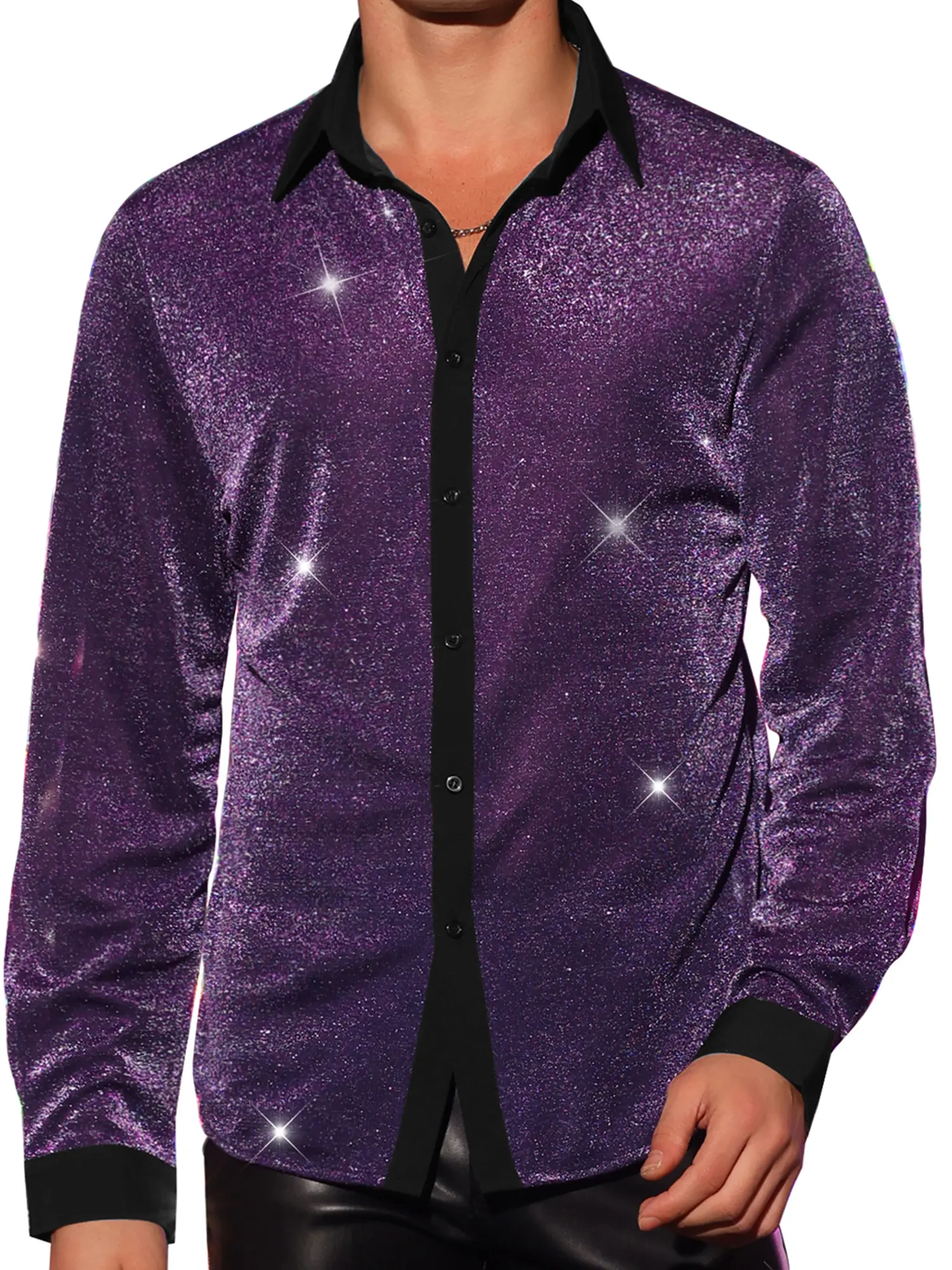 INSPIRE CHIC Glitter Metallic Shirts for Men's Long Sleeves Party Button Shiny Sparkle Shirt