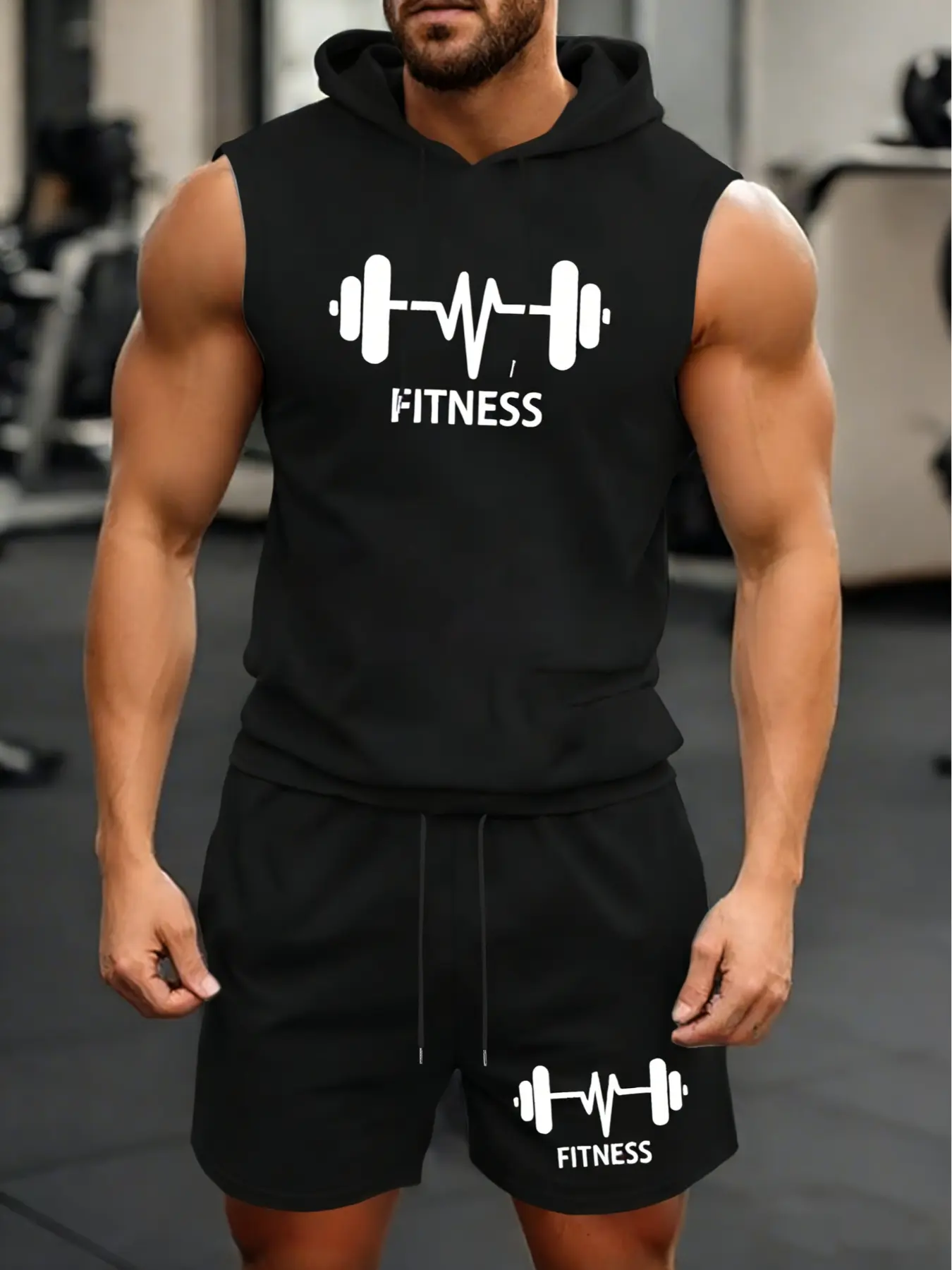 Men’s Sleeveless Hoodie & Shorts Fitness Set, Dumbbell Ekg Graphic, Gym Workout, Quick Dry Athletic Training, 2-Piece Activewear