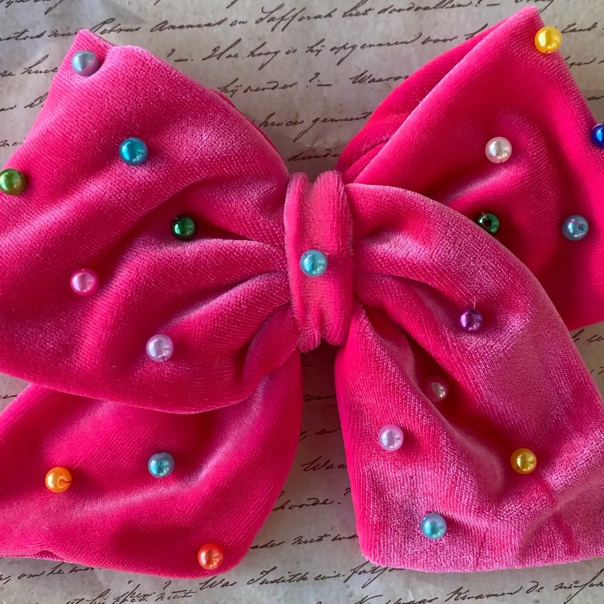 Hot Pink Velvet Sailor Bow with multicolor beads