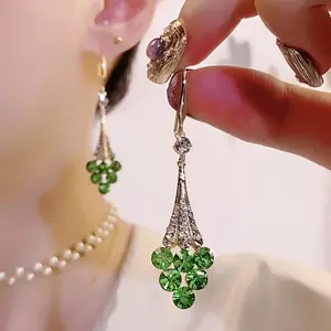Women's Purple-Green Rhinestone Grape-Shaped Earrings DDES0357 Exquisite and Fashionable Light Luxury Long Earrings 14K Gold-Plated