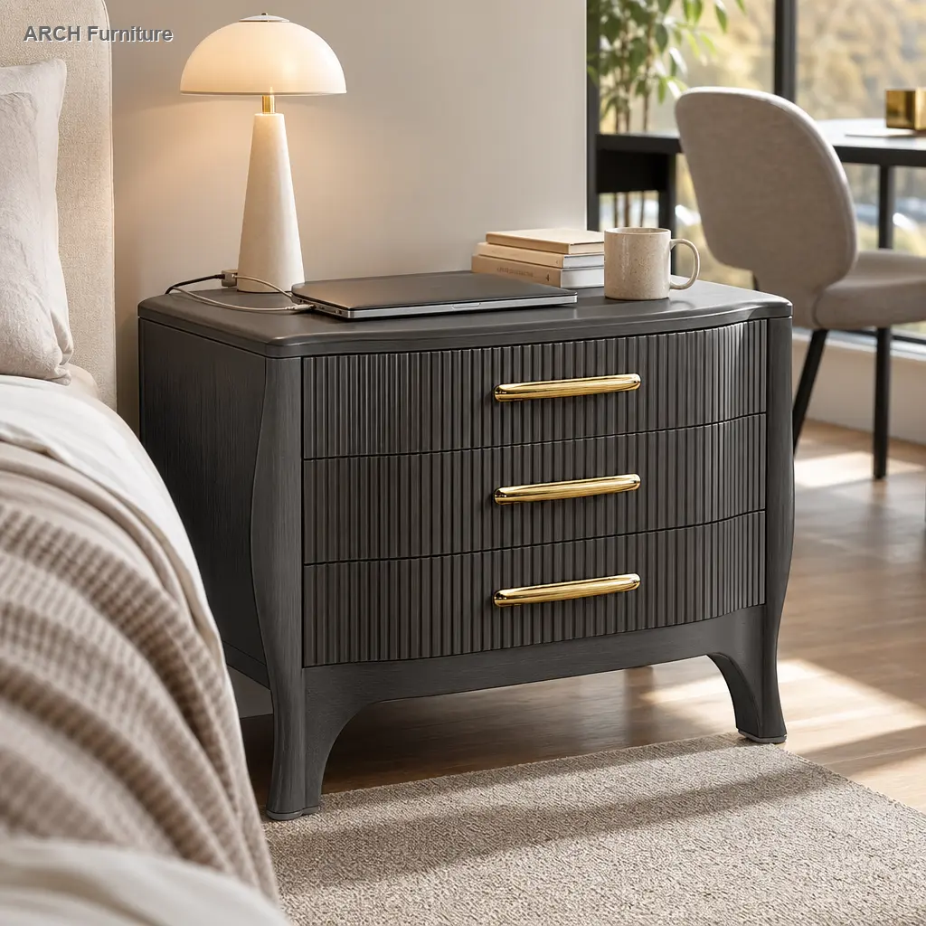 Mid-Century Fluted 3-Drawer Dark Gray Nightstand - Modern Contemporary Bedside Cabinet, Curved Profile, Curved Legs, Wavy Grooves, Wide Gold Glossy Handles, Smooth Slides, Easy Assembly Indoor Modern Furniture