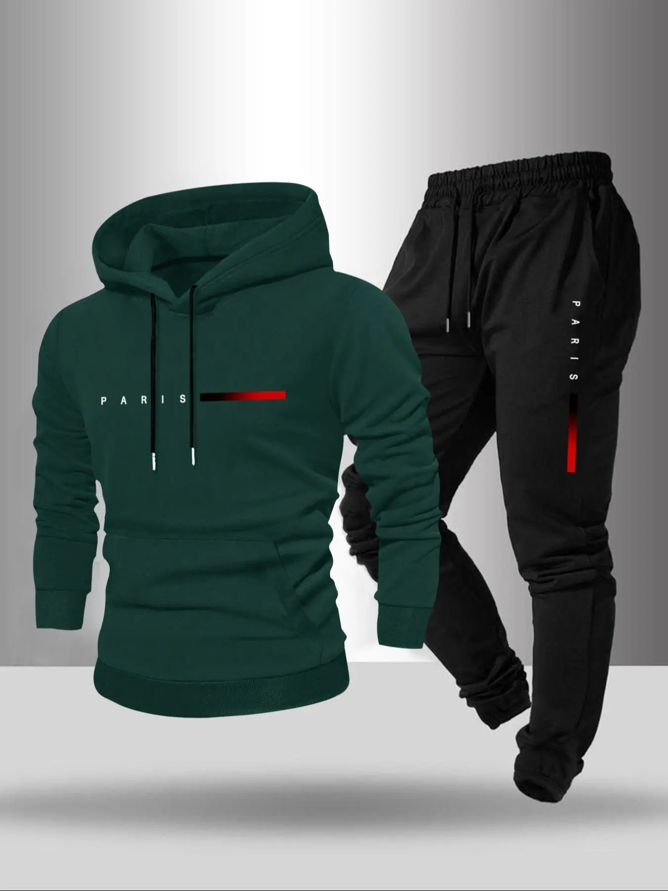 Men's Fall Winter Hoodie Set, Paris Letter Gradient Print, Casual Long Sleeve Sweatshirt and Drawstring Pants, Comfortable Daily Wear