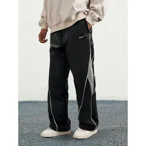 Men's Letter Patchwork Side Stripe Drawstring Waist Pants, Casual Loose Pocket Trousers for Daily Wear, Fashion Men's Bottoms for All Seasons, Mens Pants, Casuals Pants, Menswear Oversized Baggy Activewear Sportswear Athletic Beige Plain Sports Clothes