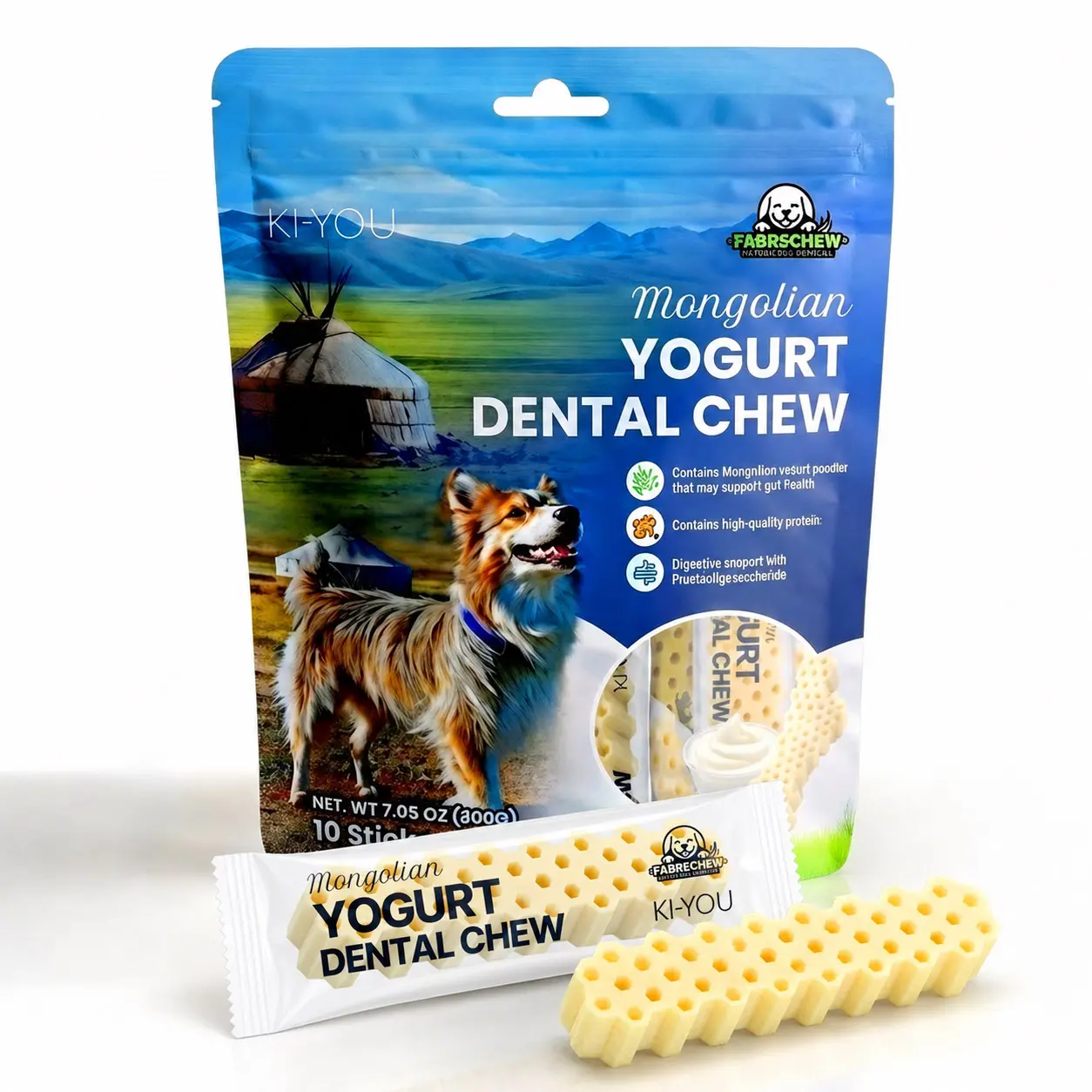 Fabrechew KI-You Mongolian Yogurt for Dogs – Probiotic & Prebiotic Rich for Gut Health, Soft Honeycomb Shape for Gentle Dental Care, for Sensitive Gums (Chew - Long Type)