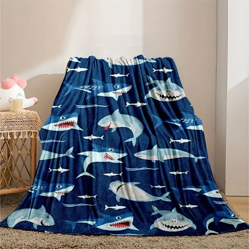 Cartoon Sharks Ocean Sea Animals Print Soft Cozy Flannel Blanket - Cute Navy Blue Shark Themed Warm Fuzzy Plush Throw, Perfect Birthday Christmas Gift for Boys Kids Shark Lovers Bedroom Sofa Couch Nursery Home Decor