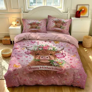 3pcs Single Bed Romantic Floral Highland Cow Pattern Bedding Set, Includes 1 Duvet Cover and 2 Pillowcases, No filling，Ideal Gift for Home, Hotel, School Dorms