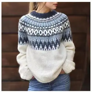 Women Fair Isle Knit Sweater Crew Neck Cozy Warm Soft Nordic Pattern Vintage Nordic Chic Artistic Motifs Winter Knit Top Daily Wear Holiday Gatherings Winter Outings Fashion Outfits
