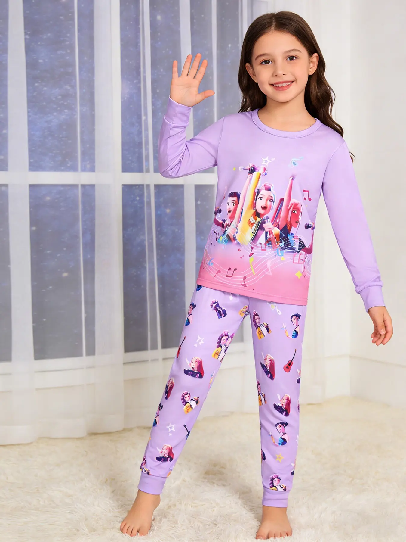 Girls' 2-Piece Cute Sweet Music Girl Print Round Neck Long Sleeve Pants Sleepwear Set, Casual Fall & Winter Home Wear, Cartoon Pattern Pajamas