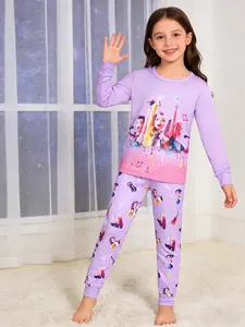 Girls' 2-Piece Cute Sweet Music Girl Print Round Neck Long Sleeve Pants Sleepwear Set, Casual Fall & Winter Home Wear, Cartoon Print Pajama