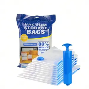 Vacuum Storage Bags for Clothes Travel - 10 Pack with Travel Pump Blue & White Double-Zip Seal Triple Seal Turbo-Valve for Max Space Save