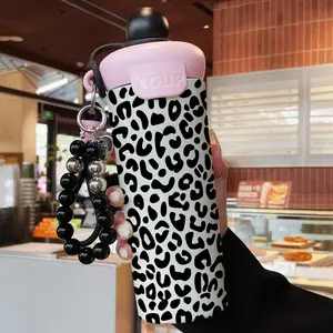 530ML Insulated Cup with Beaded Bracelet, Classic Leopard Print Stainless Steel Mug, Leak-Proof Durable Coffee Cup for Travel, Thermal Flask, Leakproof Insulated Tumbler