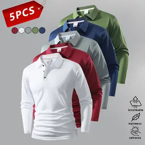 Pack of 5 men’s long-sleeve shirts, new solid colors with a shirt collar, jacquard design, soft fabric, breathable for outdoor casual and business wear, suitable for vacations and professional occasions—an everyday casual essential.
