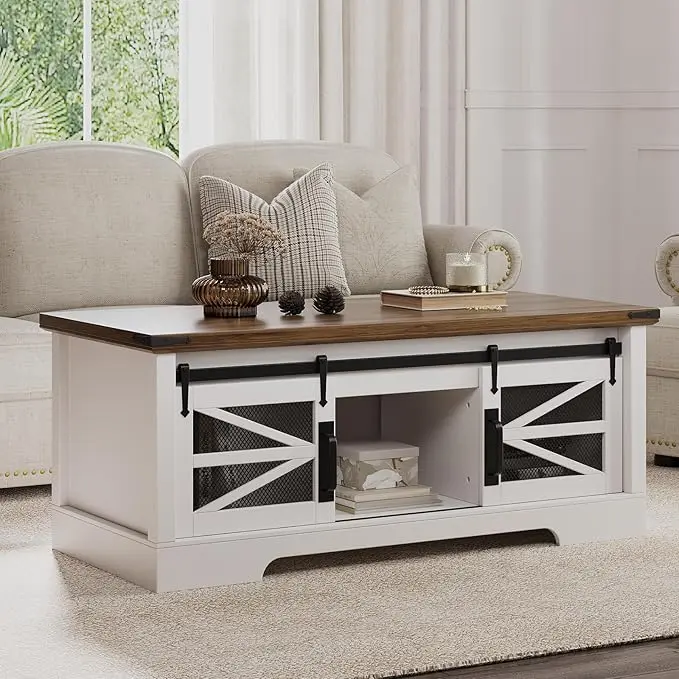 Gaomon Lift Top Convertible Coffee Table - Engineered Wood Farmhouse Multifunction Table with Sliding Barn Door, Hidden Storage, 1.2-Inch Thick Tabletop, Adjustable Shelf, 130-Lb Capacity, Height-Adjust 17.9-24.7 In, Quick Setup for Living Room Dining Use