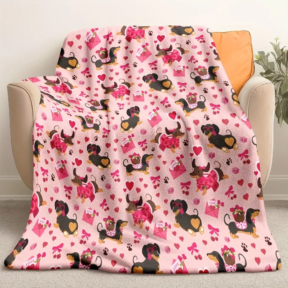 Dachshund & Hearts Full Print Fluffy Chunky Knit Blanket - Thick, Warm, Microfiber Flannel Feels Silky Soft, Compact Outdoor Travel Throw (1 pc, Pink) - Cozy Aesthetic All-Season Gift for Dog Lovers - Ideal for Car, Sofa, Christmas, Valentine