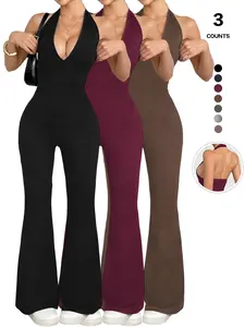 Women's Halter Neck Deep V-Neck Jumpsuit Sleeveless Ribbed Bodycon Flared Pants One Piece Romper Clubwear 2026