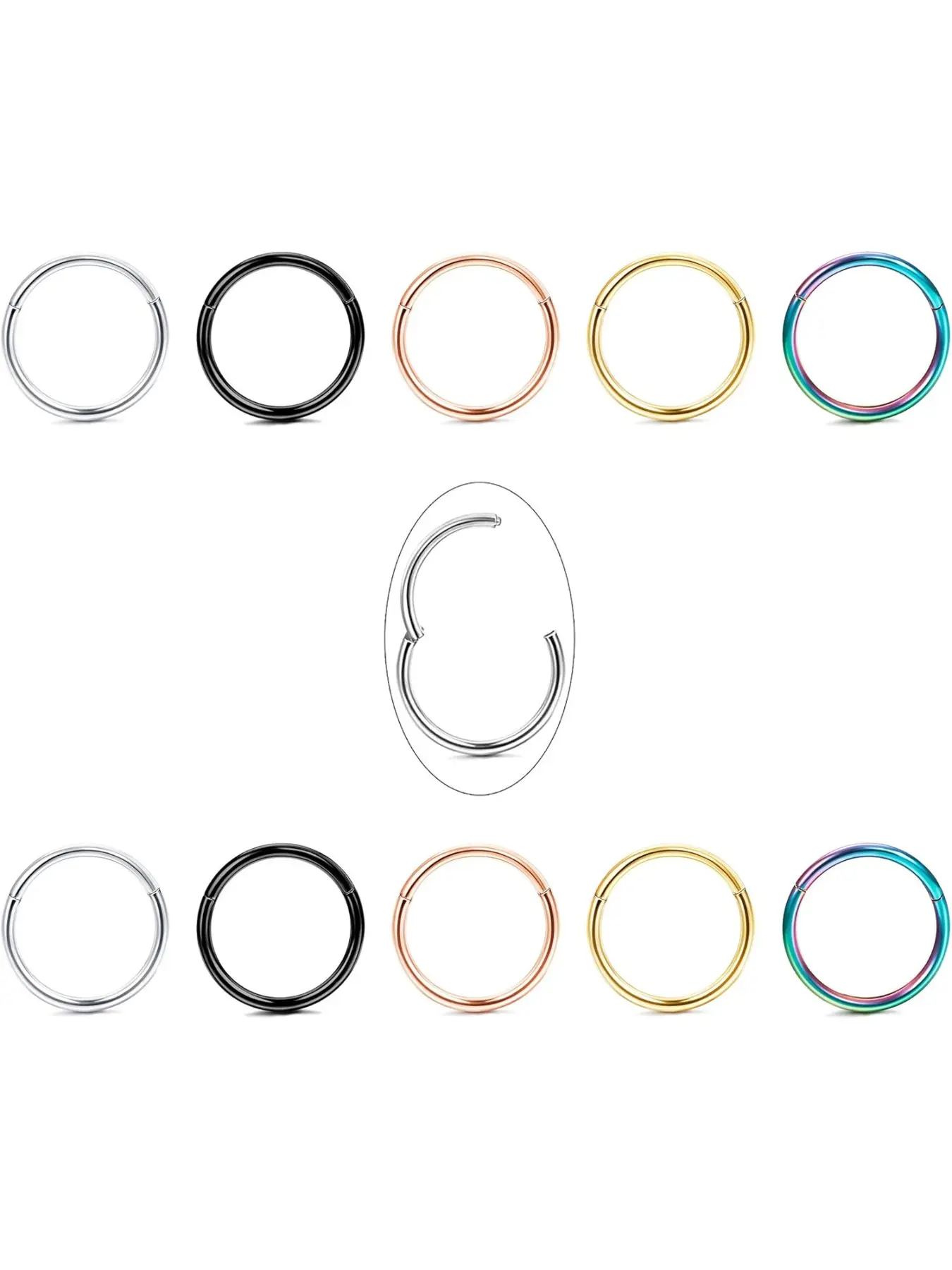 10pcs 16g 18g Stainless Steel Hinged Clicker Segment Nose Rings, Hoop Helix Cartilage Daith Tragus Sleeper Earrings, 8-12mm, Elegant Style, Nose Ring Jewelry, Nose Piercing Jewelry, Nose Rings Hoops, Nose Rings Set
