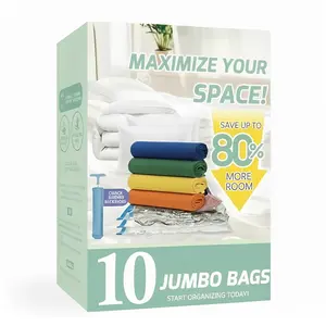 Jumbo Vacuum Sealer Bags (10 Pack) with Travel Hand Pump | 80% More Space Saver Bags for Clothes, Duvets & Pillows | Heavy-Duty Reusable Compression Storage Organizer