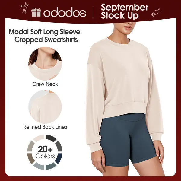 ODODOS Modal Soft Long Sleeve Cropped Sweatshirts for Women Oversized Crew Neck Pullover Crop Top