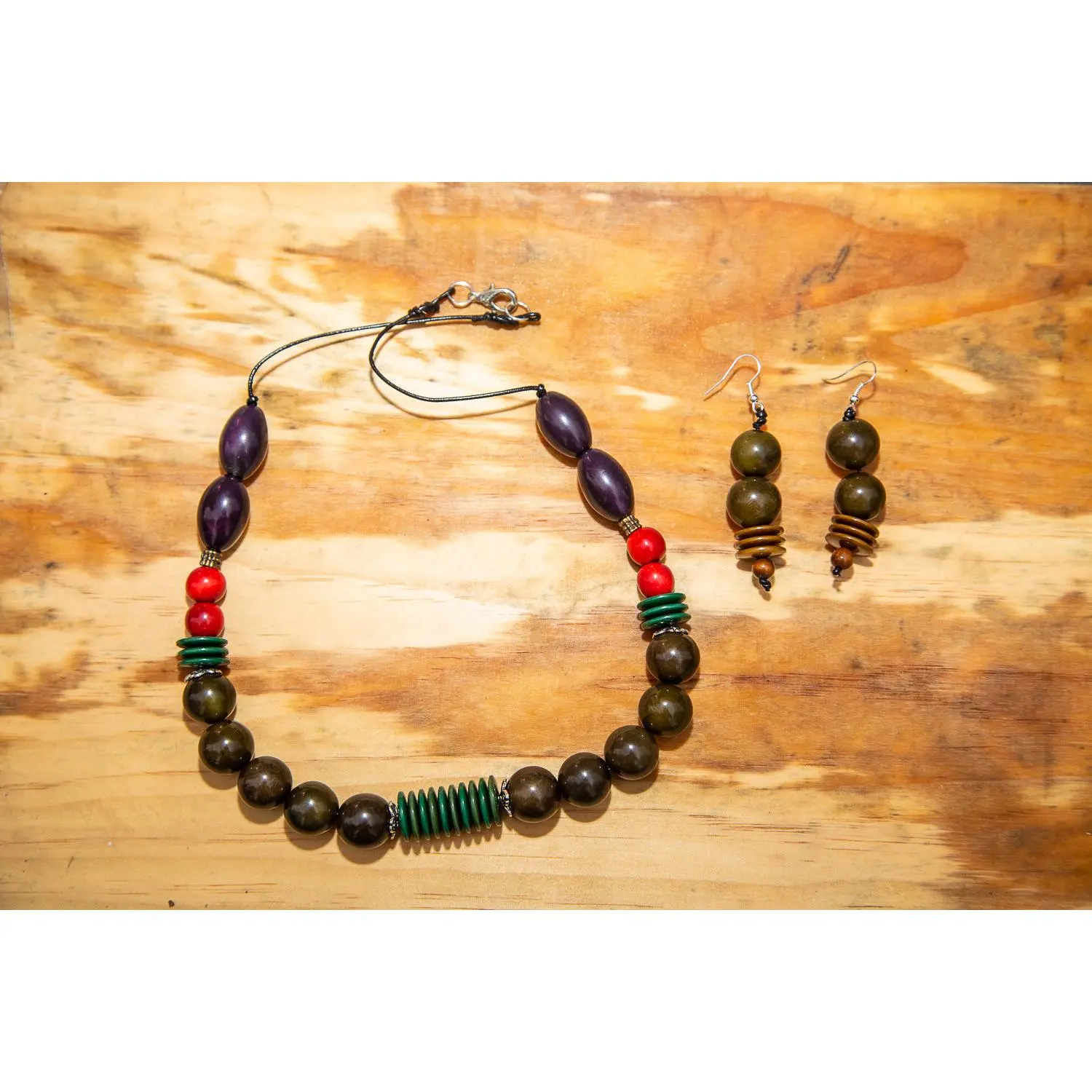 Green Brown Tagua Nut Necklace and Earrings Set