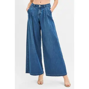 RISEN Mid Rise Fit Wide Leg Knit Denim Look Jeans