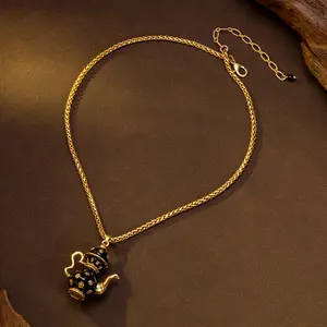 Vintage Gold Tone Teapot Pendant Choker Necklace | Retro Oriental Style Statement Jewelry