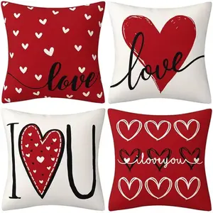 Valentines Day Decor-Throw Pillow Covers 18x18 in Set of 4,Valentine Linen Pillow Case with Red Heart Love You More for Large Couch Sofa Home Indoor Outdoor Holiday Decorations