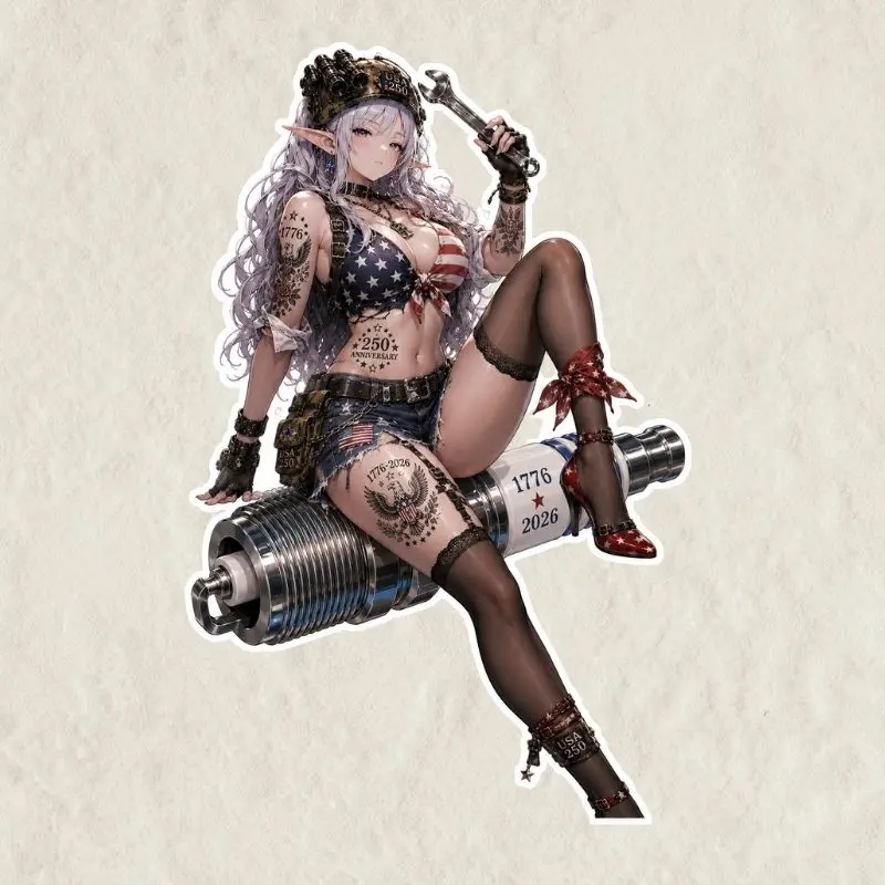 Spark Plug Big Bang Pin up Girl Sticker, Tactical Cowgirl Frieren Sticker, 250 Years Girl USA Flag Military Waifu Vinyl Decal Sticker for Laptops, Cars, and Water Bottles
