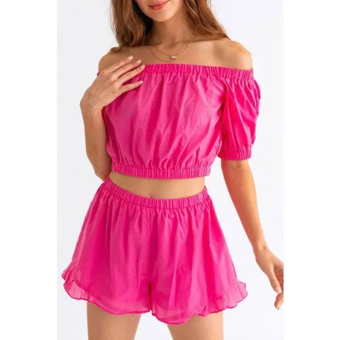 Tasha Apparel Off Shoulder Crop Top and Ruffled Shorts Set