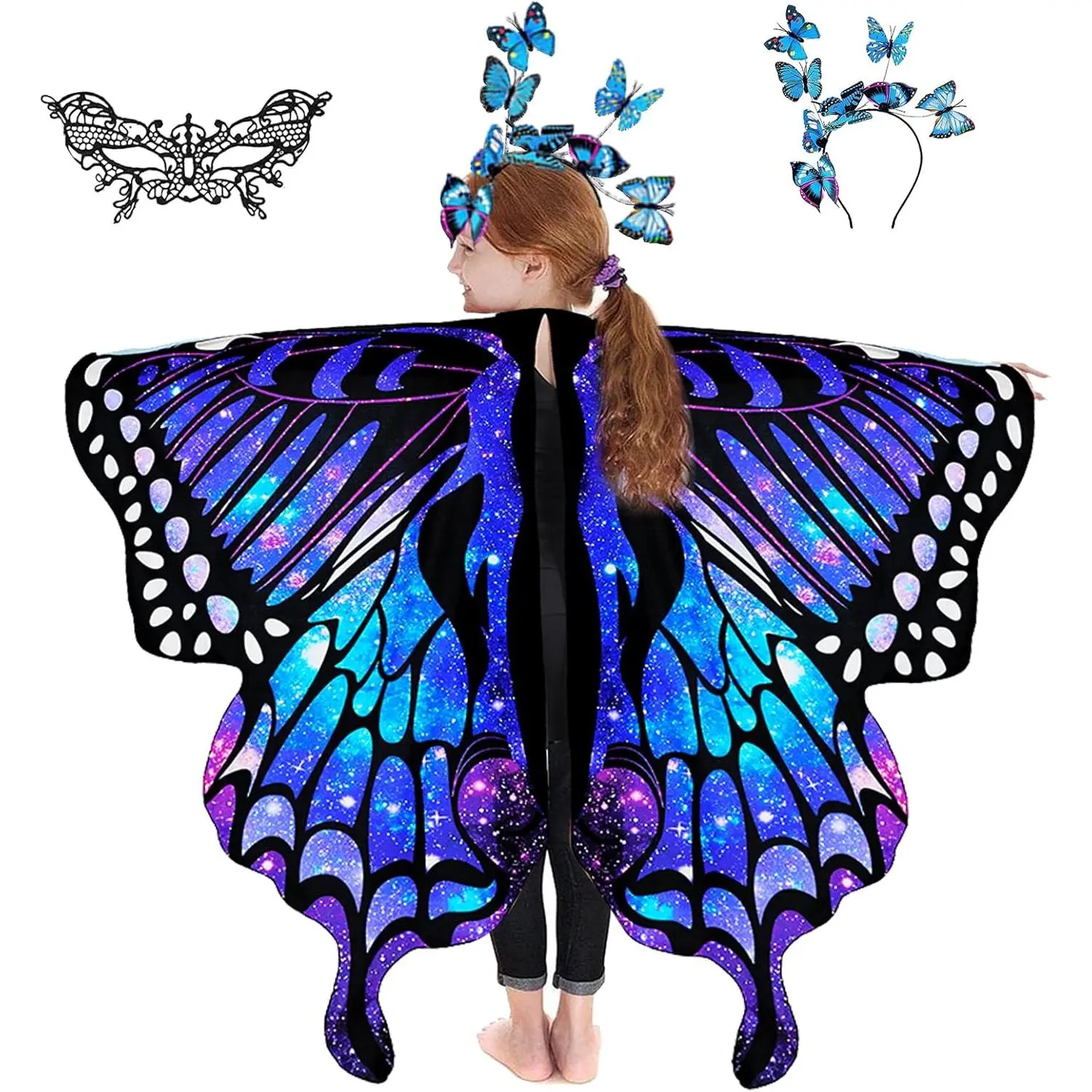 Girls' 1*Butterfly Wings Cape Dance Costumes Set - Bright Soft Polyester Chiffon Shawl, Adjustable Strap, Mask, Headband, Scoop Neck, 1 Size Fits All for Halloween, Parties & Play, Figure Skating