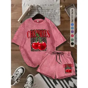 Two-piece Set Women's Cherry Print Crewneck Tee & Leopard Print Shorts, Casual Short Sleeve T-shirt & Shorts, Ladies Summer Clothes for Daily Wear, Suits, Vacation Sets, Womenswear, Summer Outfits Set, Workout Sets Women Fitted Red Shortsleeve