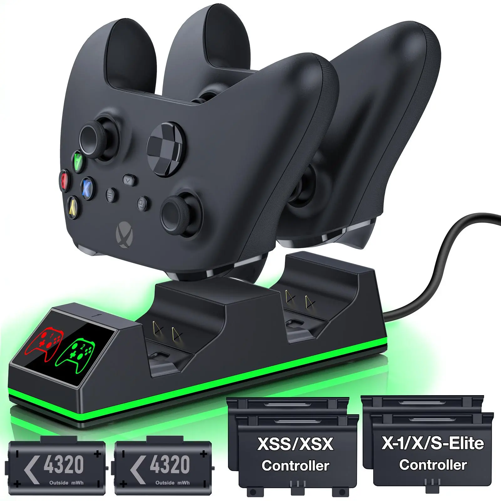 Xbox Series X/S Wireless Gaming Controller Charger Stand, Multi-Model Console Accessories with 2x4320 mWh Rechargeable Batteries