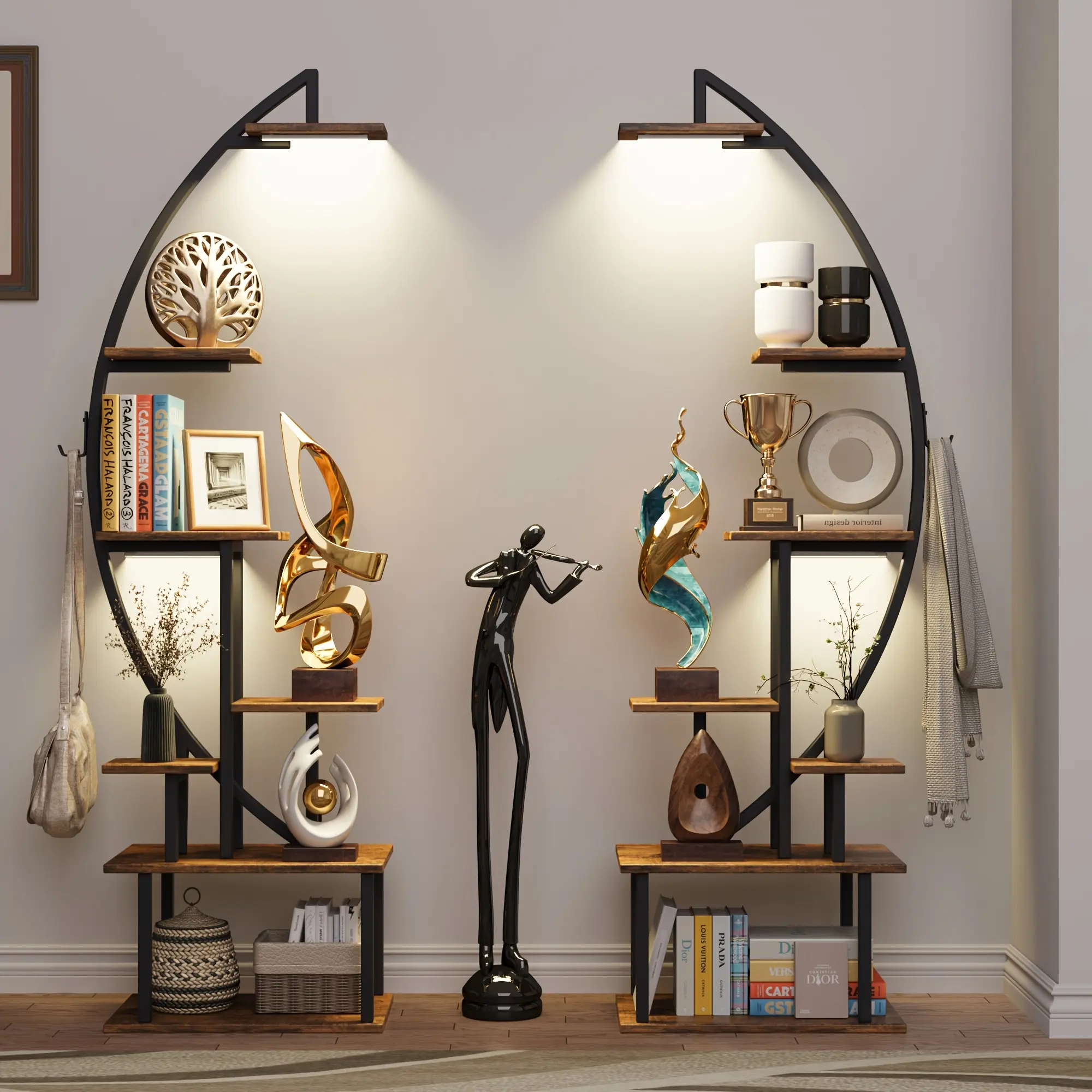 Tall Bookshelf with Lights, 2 Pack Ladder Bookcase, 7 Tier Arched Home Office Storage Book Collectibles Shelves, 64" Modern Corner Display Shelf for Room