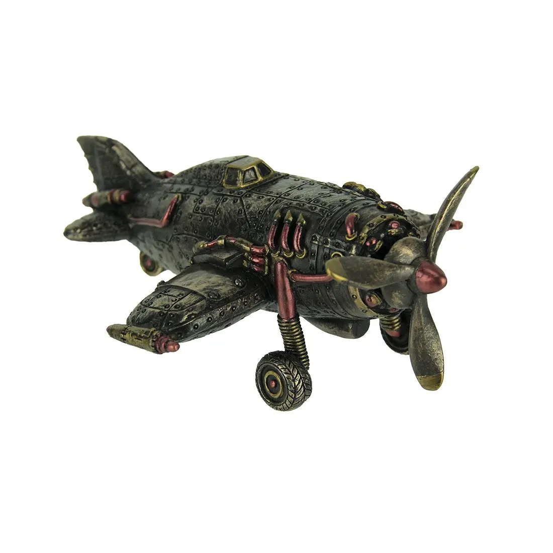 Steampunk Style Single Propeller Airplane Statue  - 6.75 Inches Long - Bronze Finish, Hand-Painted Accents - Whimsical Victorian Innovation