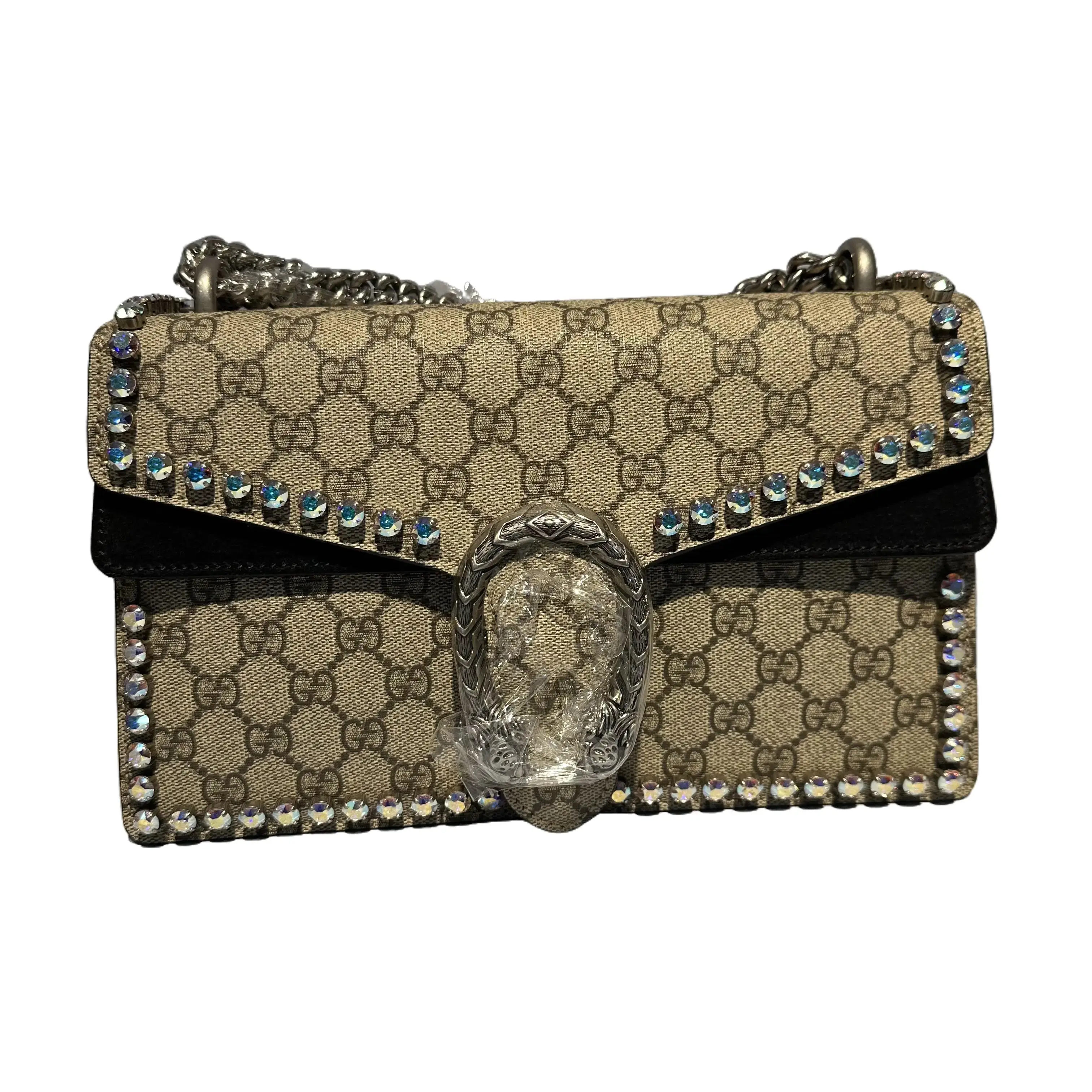 Pre-owned GUCCI Dionysus Medium GG Supreme Black Rhinestone Shoulder Chain Bag TKB10000030