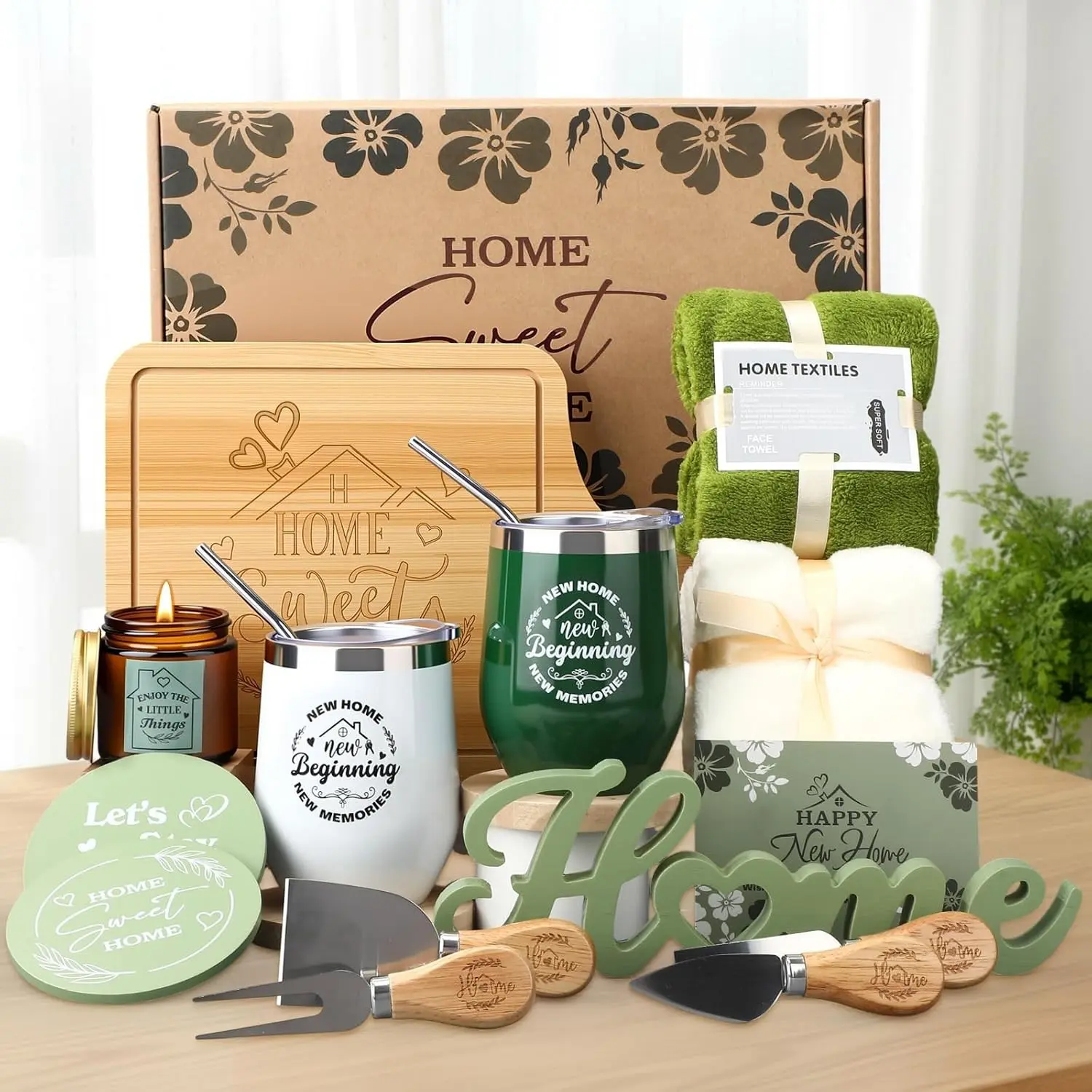 Housewarming Gifts for New House 19 Pcs Closing Gifts for Couple Friends Women Men Home Buyers House Warming Basket for New Apartment Kitchen Presents Flower Green