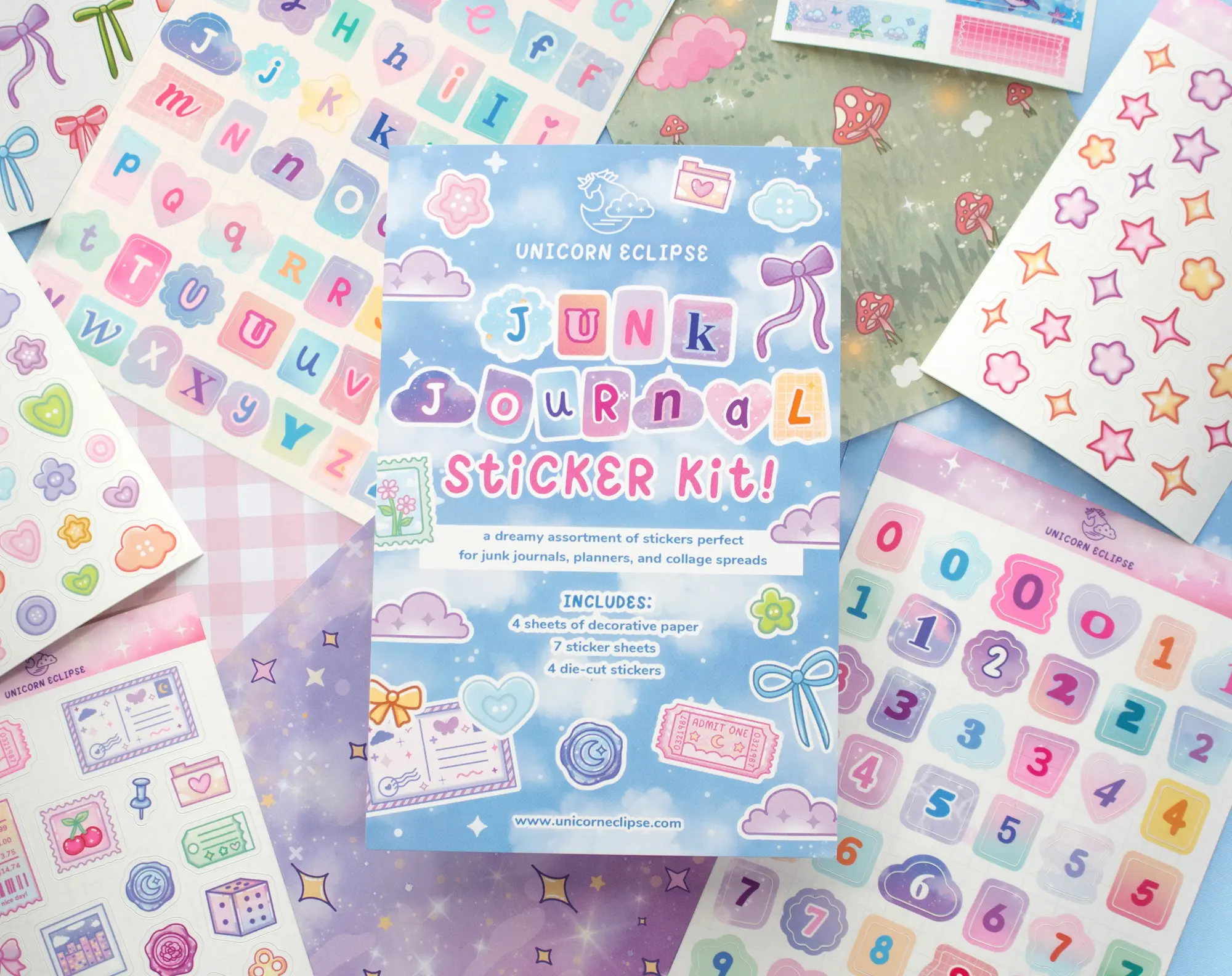 Unicorn Eclipse Junk Journal Sticker Kit - 4 Decorative Sheets, 7 Sticker Sheets, 4 Die Cut Stickers