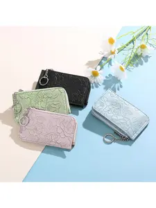 Vintage Floral Embossed Card Wallet -  PU Leather Zipper Card Holder with Key Ring, Elegant Daily Card Purse
