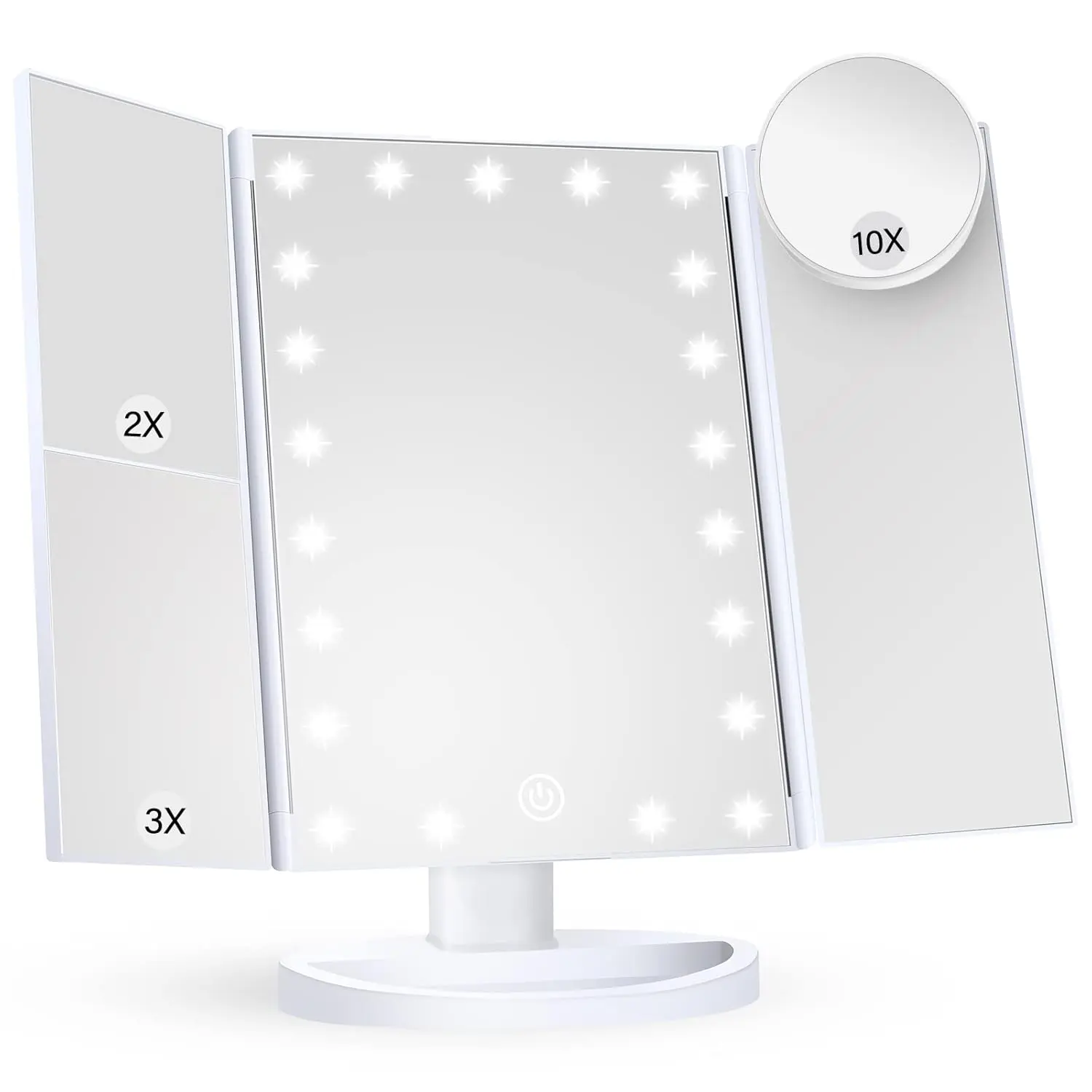 Makeup Mirror Vanity Mirror with Lights, 2X, 3X, 10X Magnification, Touch Control, Trifold, White, 9.4"L x 13.4"W, Modern Style, Dresser Mount, Bathroom