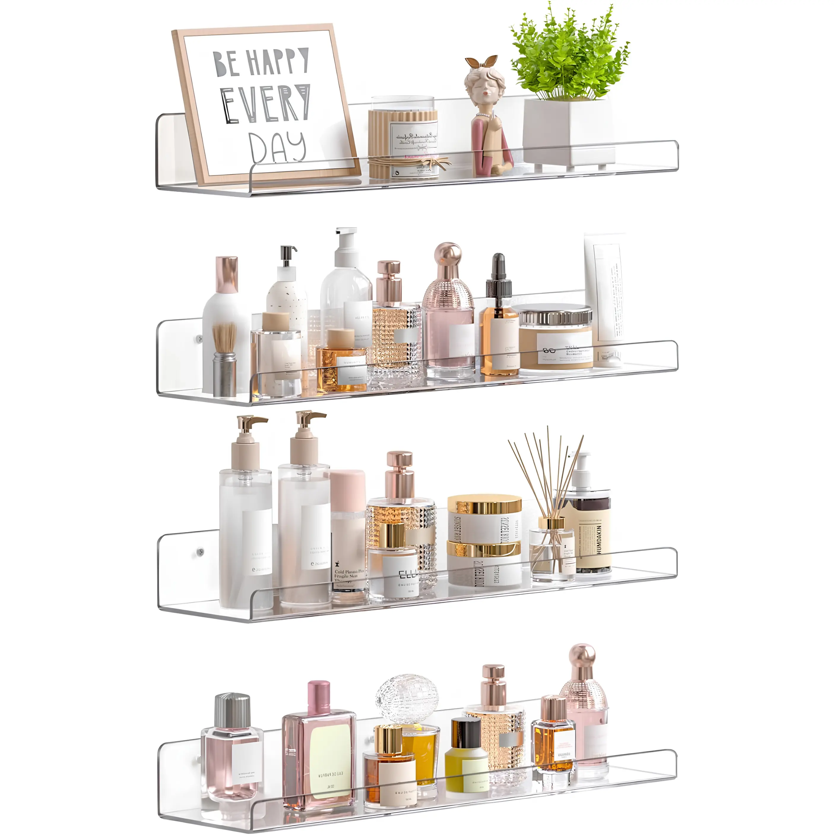 Acrylic Floating Shelves for Bathroom Storage, 15 Inch Clear Wall Mounted Shelves, 4 Pack Organizer for Perfume, Makeup, Skincare, Kids Books and Home Decor for Bedroom, Nursery, and Living Room