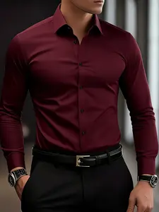 Men's Fashion Solid Burgundy Long Sleeve Shirt Top for Casual Events, Breathable All Season Button-Up with Fitted Style, Easy to Wash and Versatile