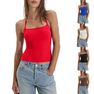 Mundoven Women's Valentine's Day Sexy Backless sleeveless Halter Neck Tank Tops Camisole Double Lined Crop Cami Going Out Top with Adjustable Spaghetti Straps & Full-Length Side Split