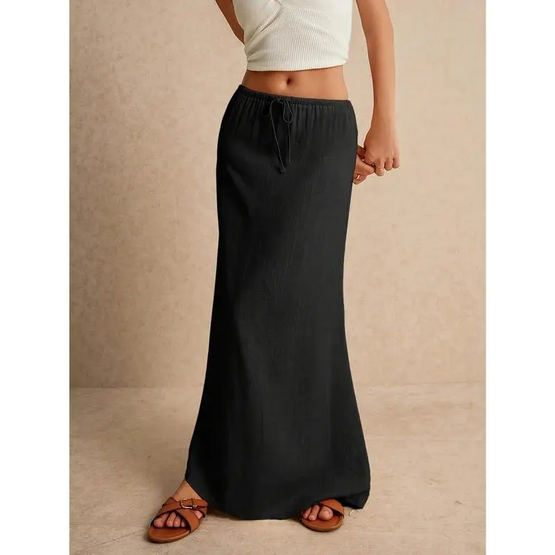 NEWNewWomen's Waist Tie Cute Casual Loose Low Waist Skirt Linen Womenswear Bottom Printed Solid Viscose Comfort Maxi