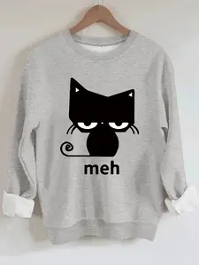 Women's Cartoon Cat Print Round Neck Long Sleeve Sweatshirt, Casual Loose Fit Pullover, All-Season Comfort, Easy Care Durable Fabric